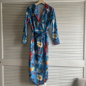 Tropical Floral Print Long Sleeve Wrap Maxi Dress